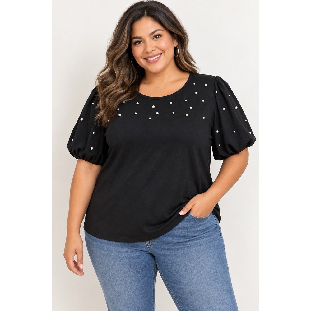 Milk & Honey Women Black Pearl Embellished Puff Sleeve Top Blouse 3X NEW